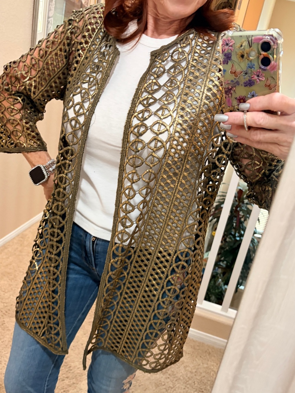 Chicos cutout Olive Green & Gold Open Crochet Cardigan Sweater Jacket Size 1 / S